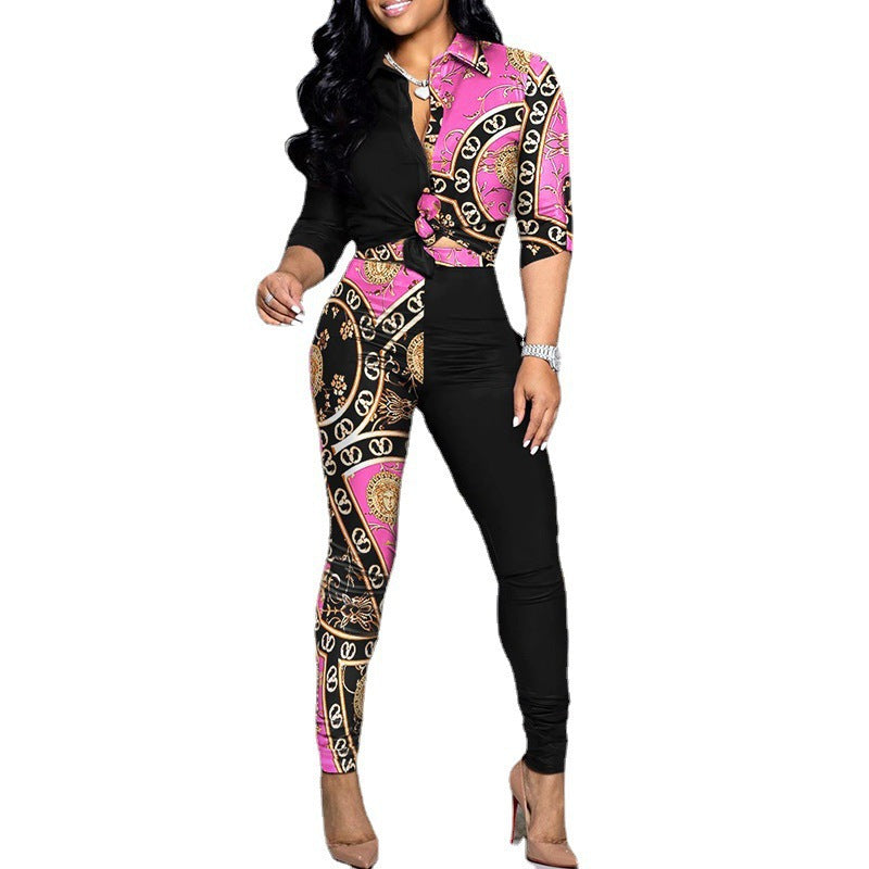 Two-Piece Set with Printed Long-Sleeved Lapel Shirt and Casual Pants