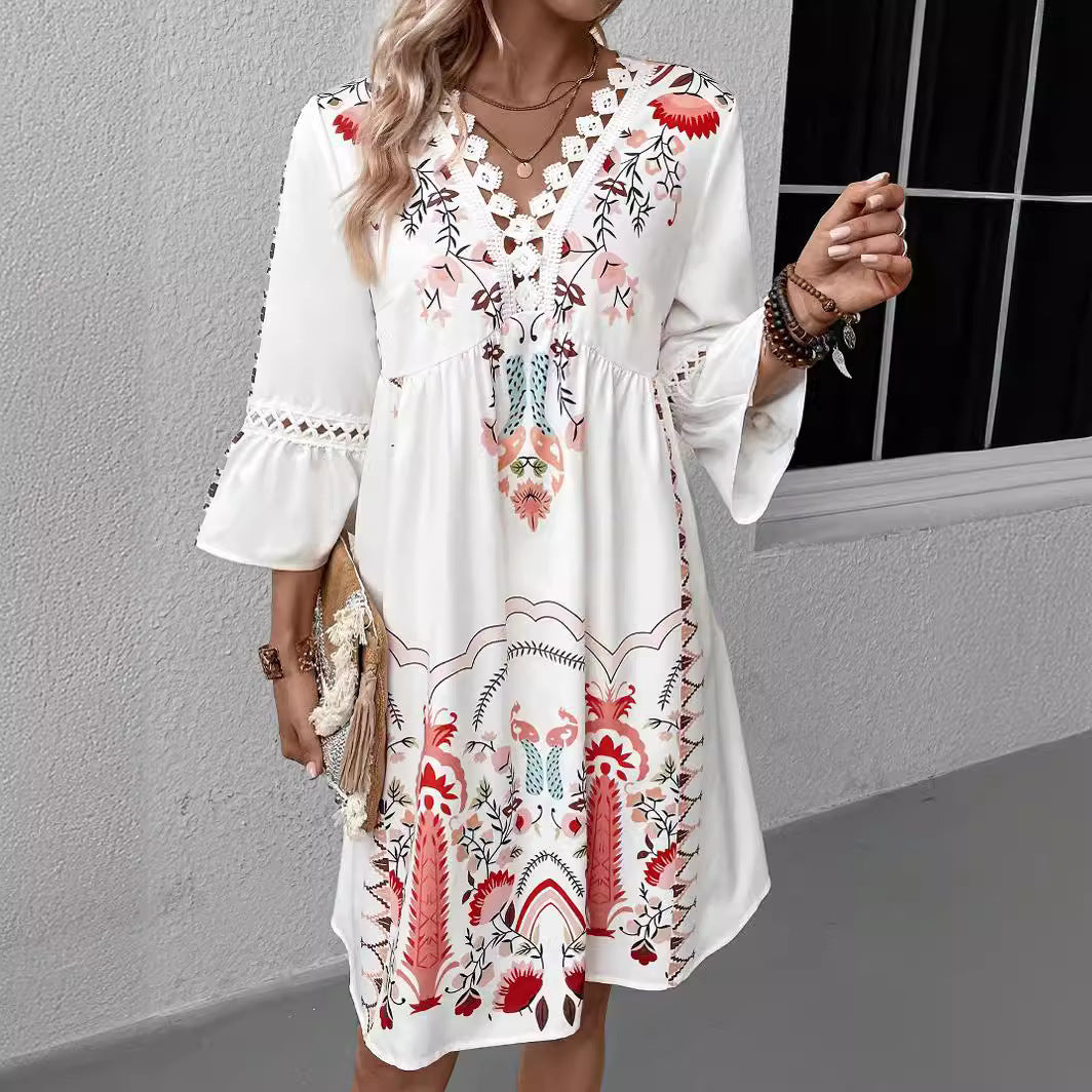 V-neck Lace Stitching Printing Dress for Women