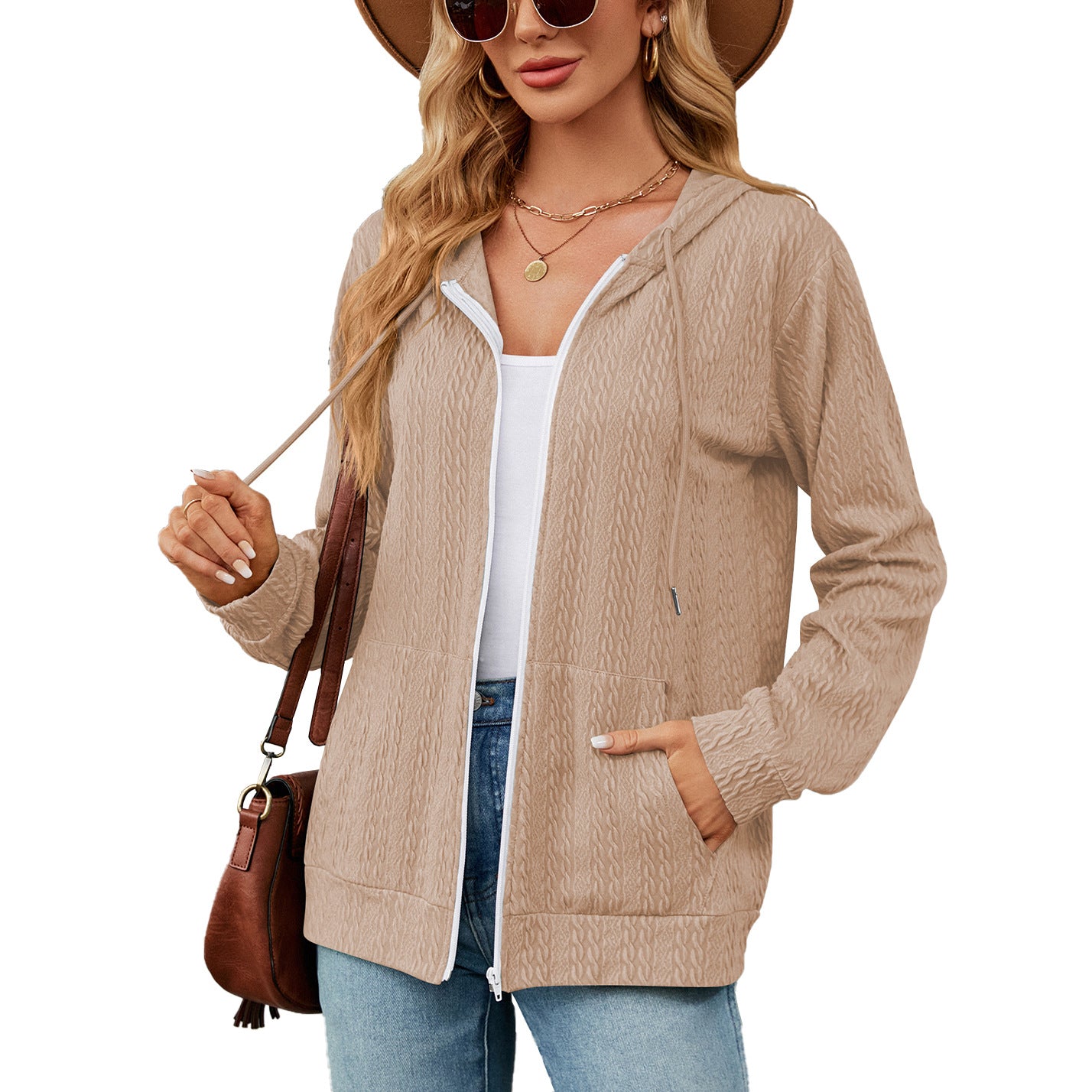 Loose Long Sleeve Hooded Zip Cardigan Pocket Sweatshirt Women