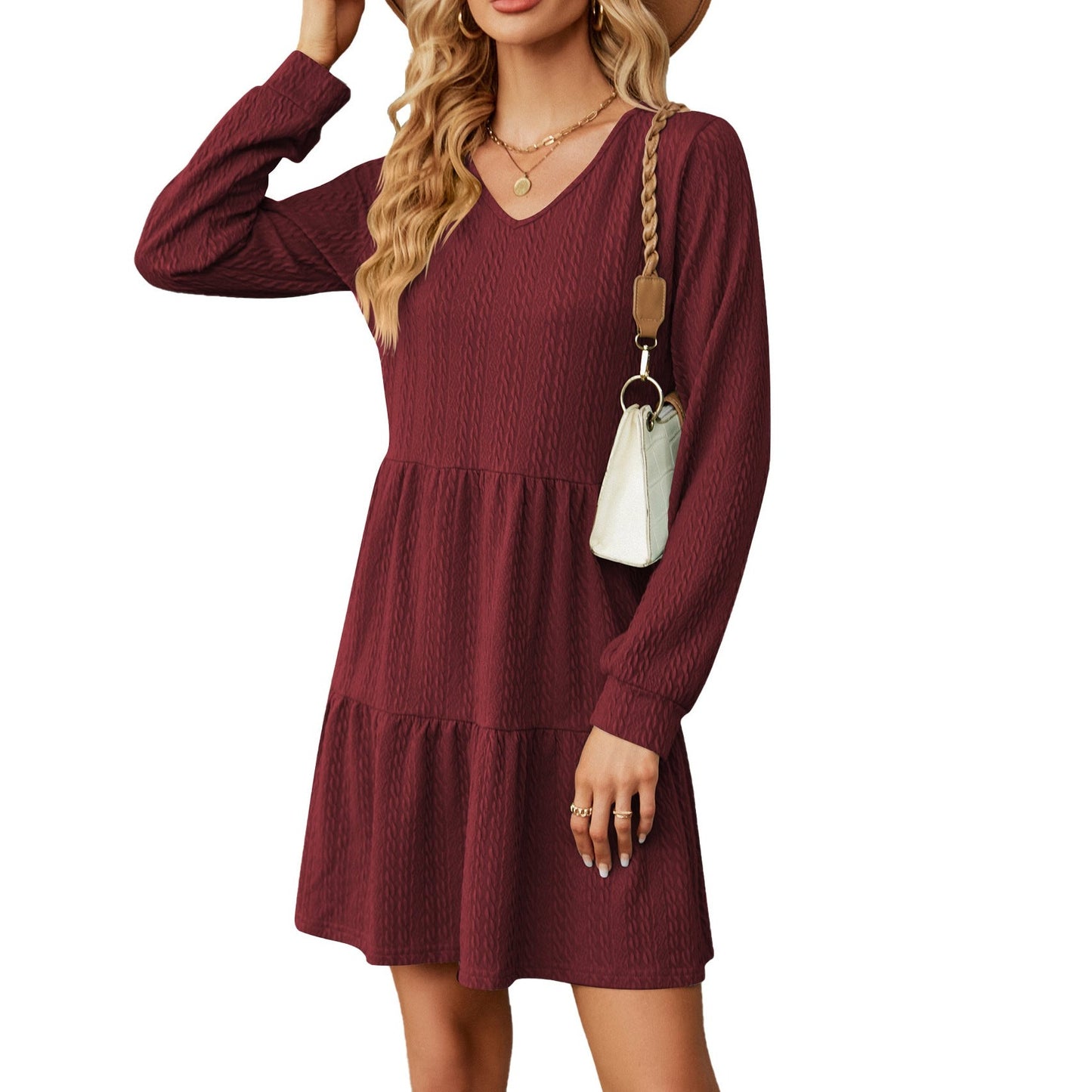 Ladies' V-neck Long Sleeve Dress with Solid Color and Loose Fit