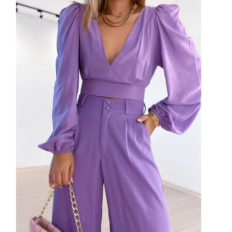 Women's Fashionable V-neck Long Sleeve Shirt with High Waist Wide Leg Pants Suit