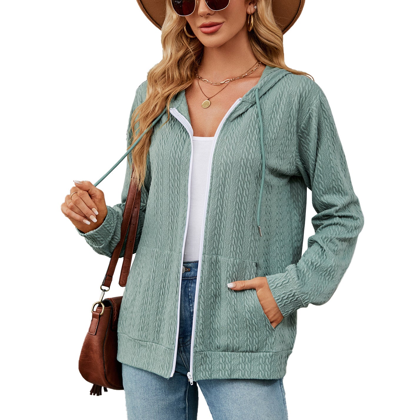 Loose Long Sleeve Hooded Zip Cardigan Pocket Sweatshirt Women