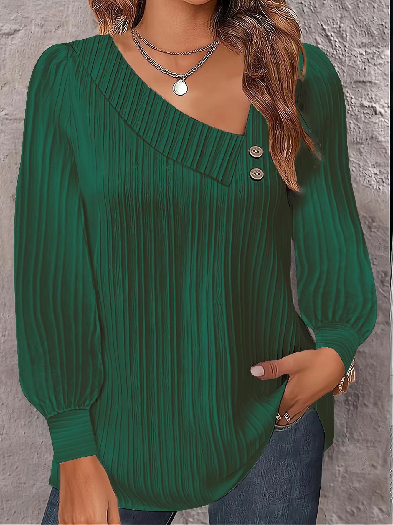 V-neck Buttons Solid Color Long Sleeve Shirt Women