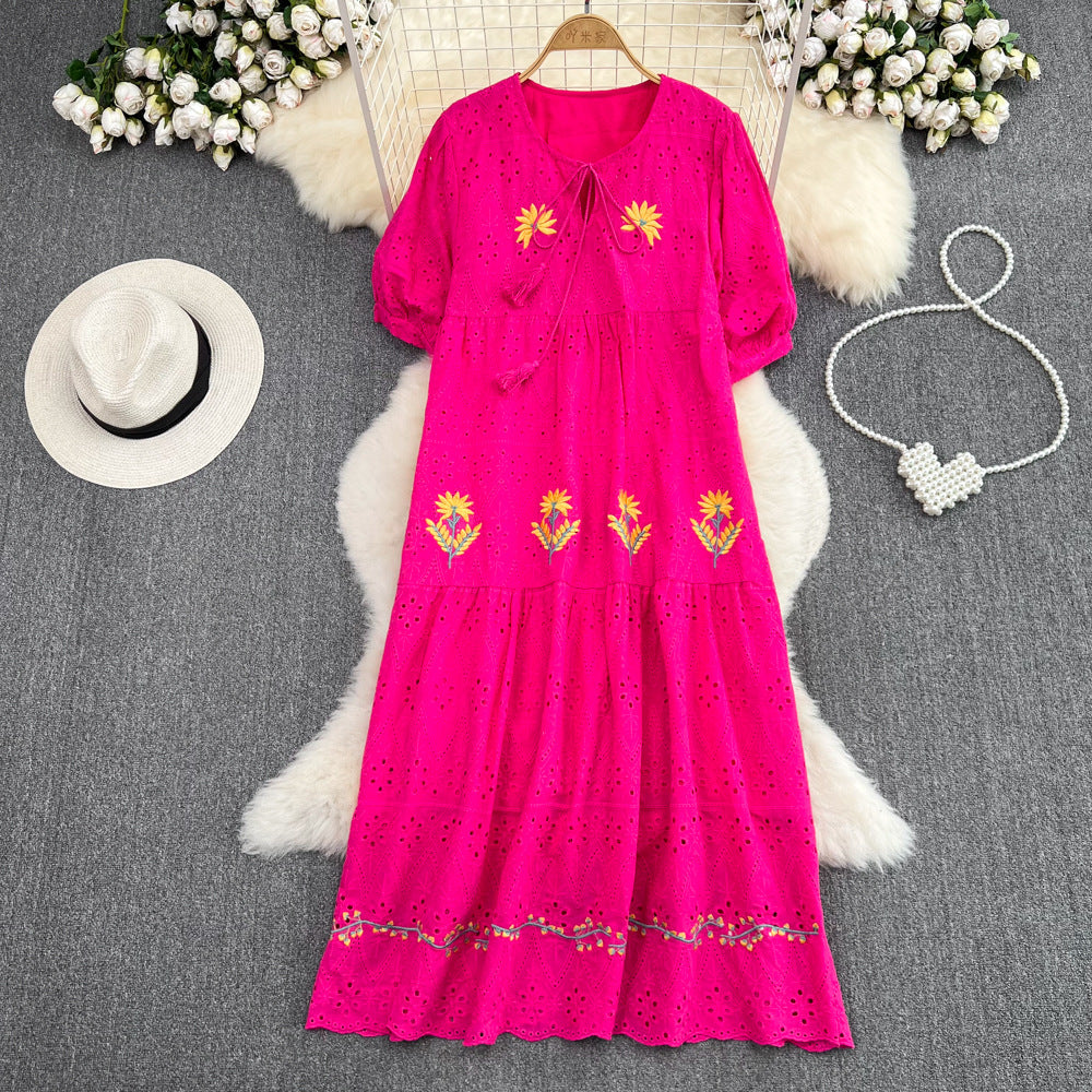 Sweet Puff Sleeve Round Neck Dress with Hollow Embroidery