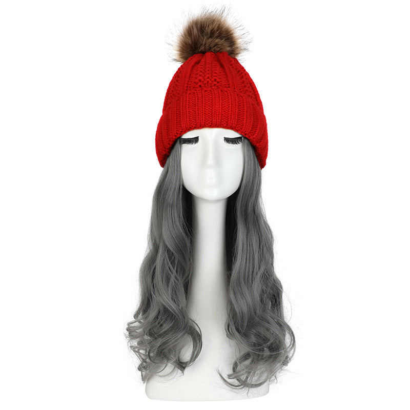 Women's Hat Wig Detachable Woolen Cap