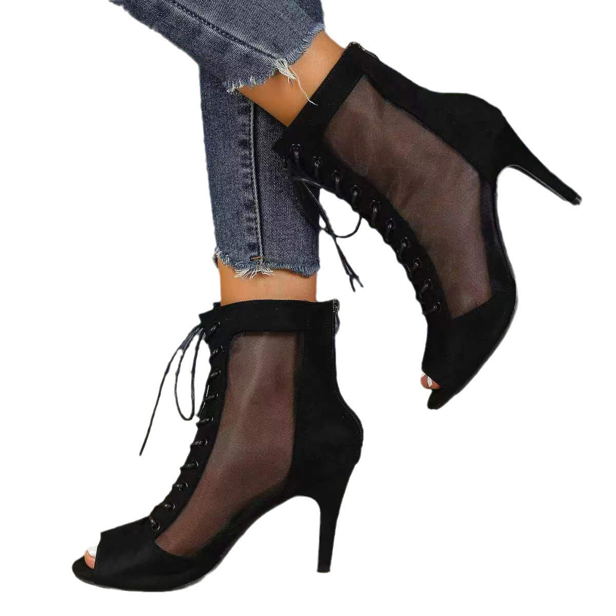 Mesh Fish Mouth Stiletto Heel High Sandal Boots for Women