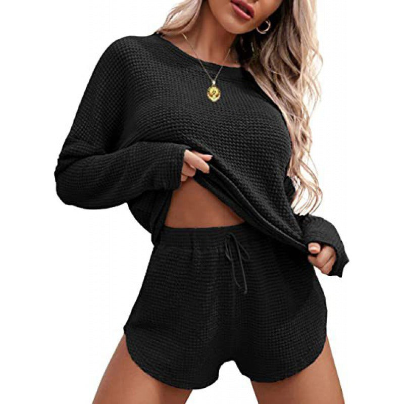 Fashionable Solid Color Waffle Knitted Pajama Set for Women