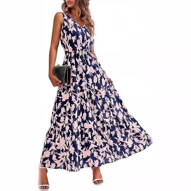 Women's V-neck Printed Dress with Elastic Waist