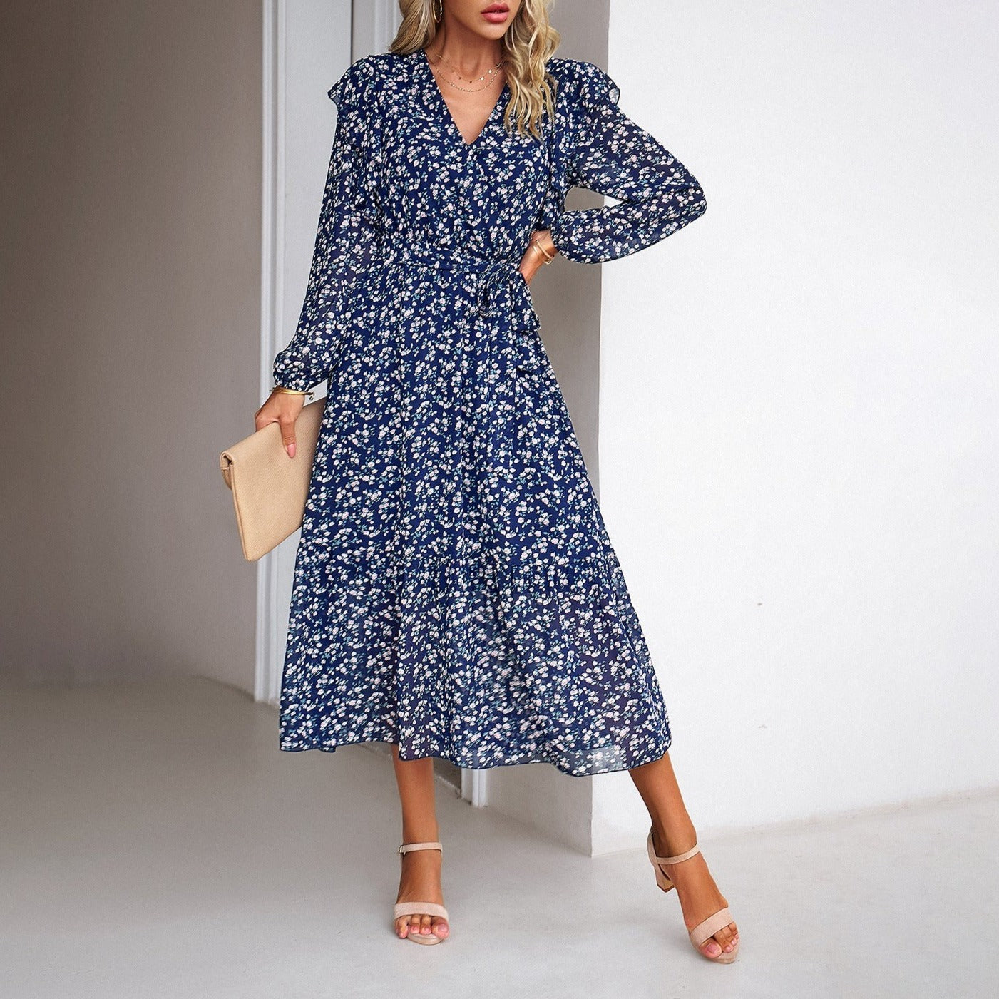 Women's Floral V-neck Long Sleeve Casual Fashion Dress