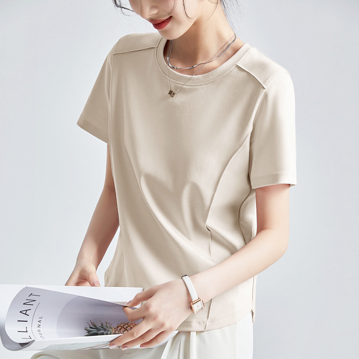 Mercerized Cotton Round Neck Shoulder T-Shirt