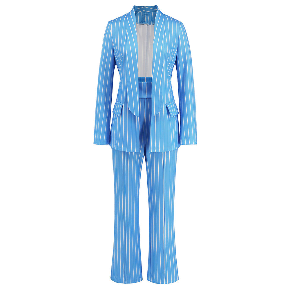 Casual Striped Blazer and Straight-Leg Wide-Leg Pants Suit for Women