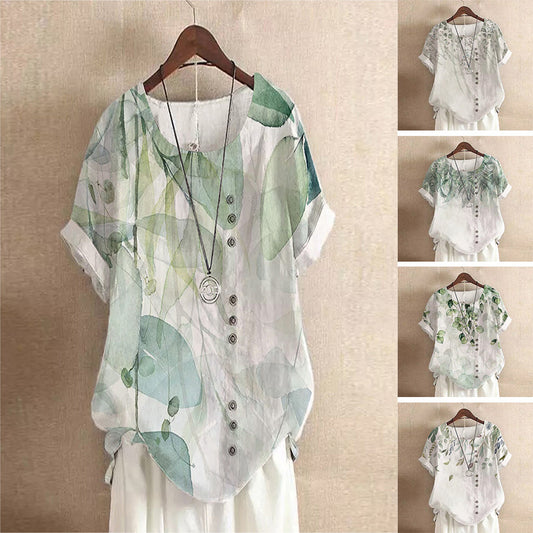 Retro Loose Printed Cotton and Linen Women's Top