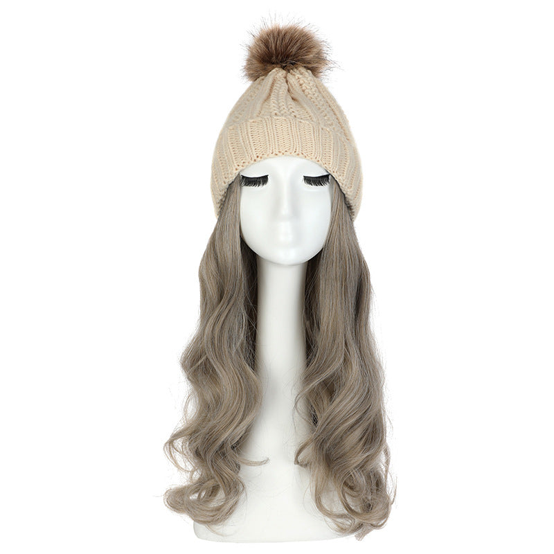 Women's Hat Wig Detachable Woolen Cap