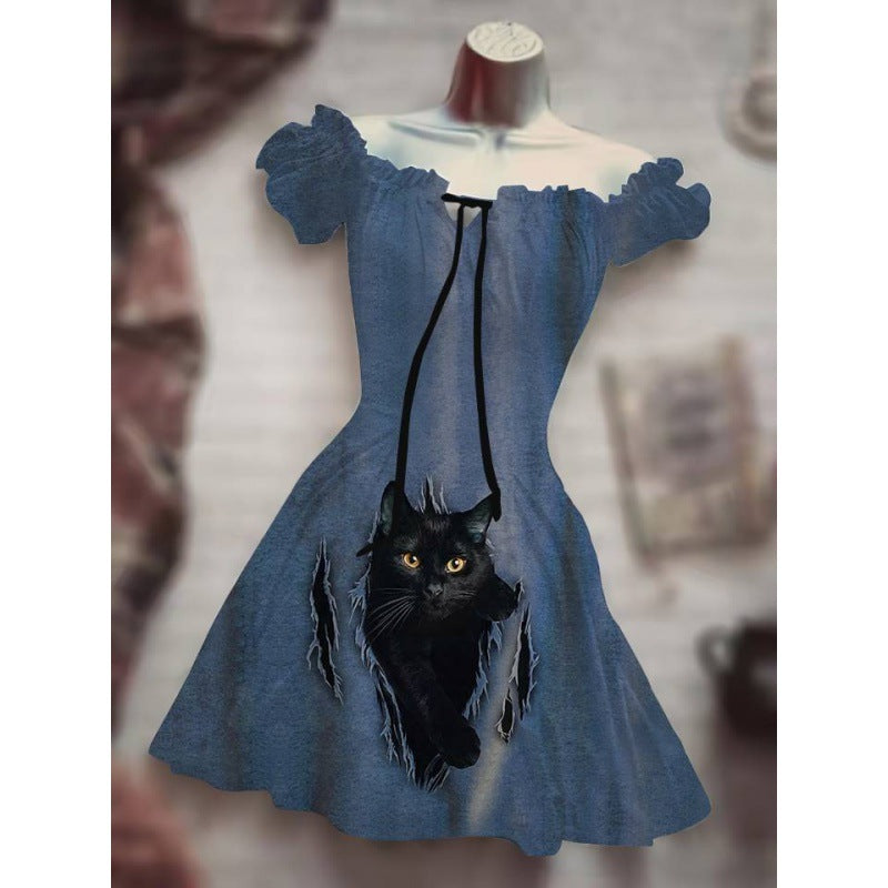 Halloween Drawstring Puff Sleeve High Waist Dress