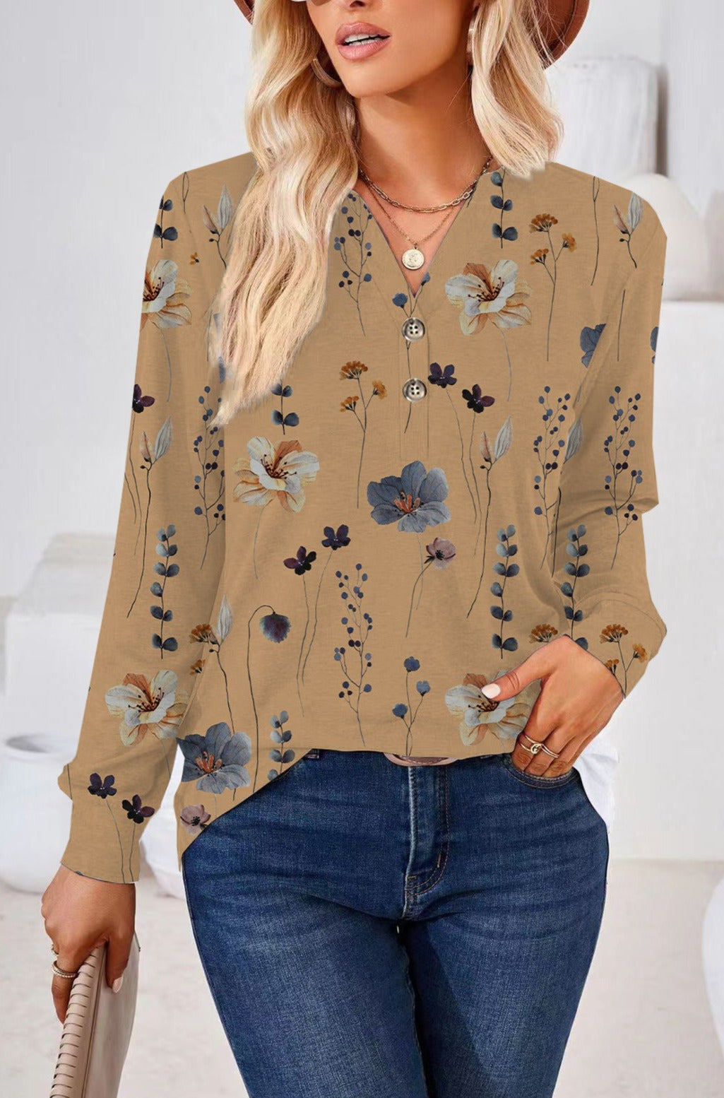 Women's Fashion Casual Long Sleeve Top with Button-Down V-neck and Printing