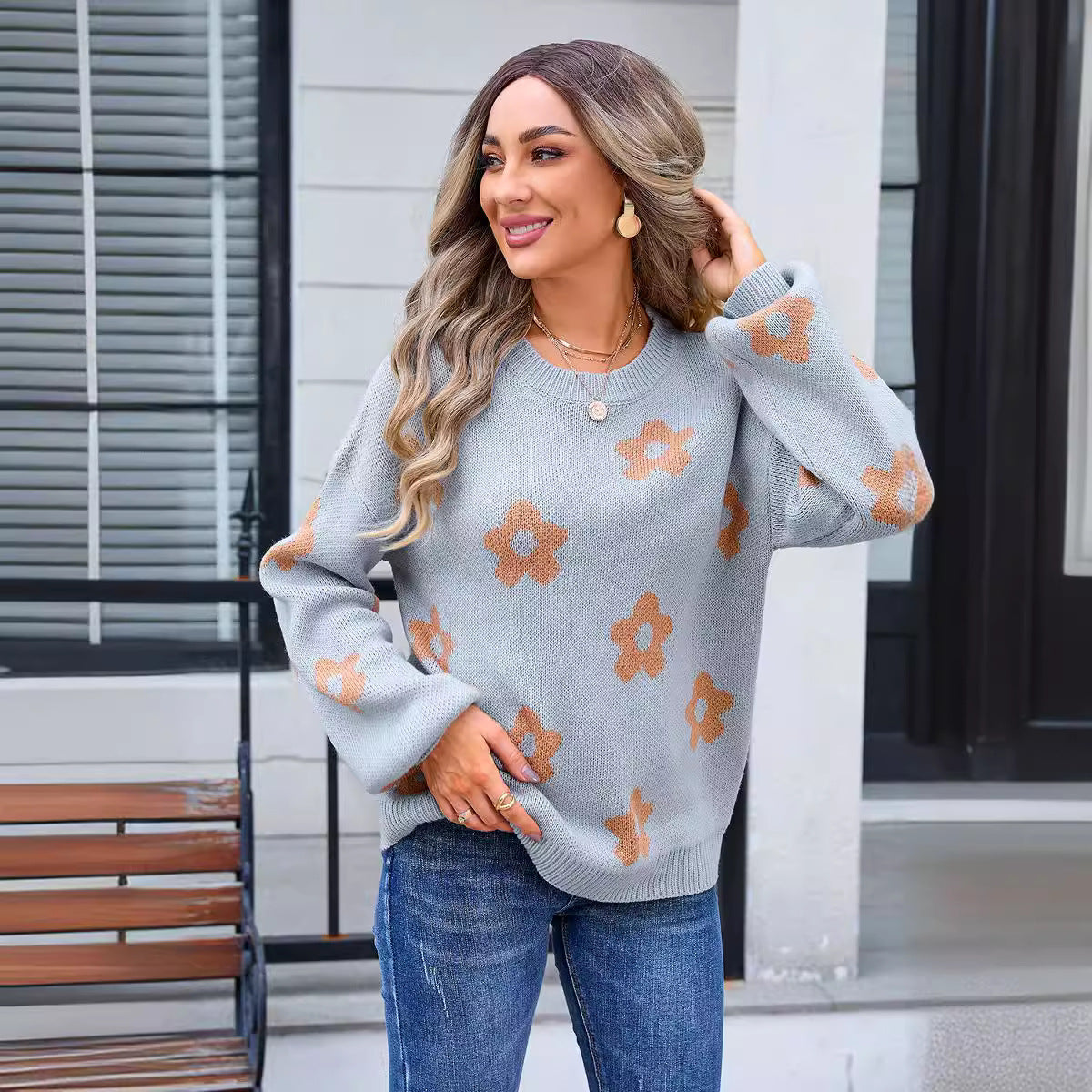 Women's Long Sleeve Round Neck Sweater with Floral Design