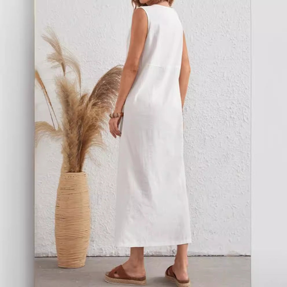 Round Neck Sleeveless Slit White Cotton Linen Dress with Fastener Decoration