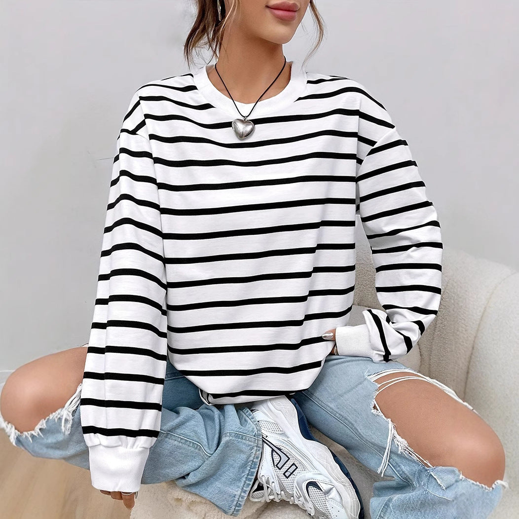 Women's Casual Loose Round Neck Vintage Striped Long-Sleeved T-Shirt – Comfortable and Stylish