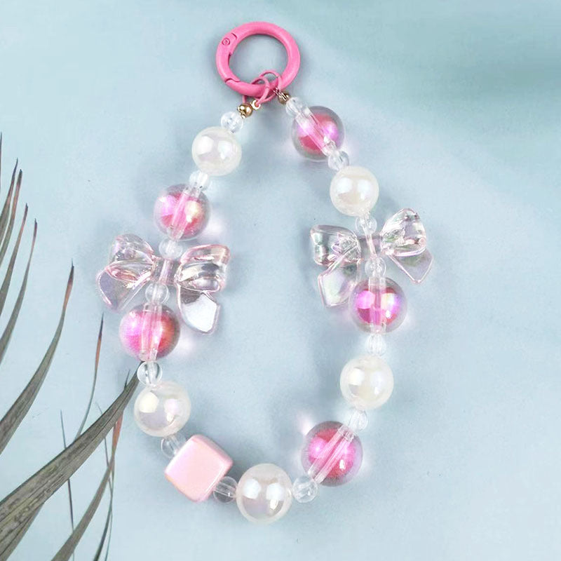 Colorful Acrylic Beads Mobile Phone Charm Keychain with Bow and Luminous Effect