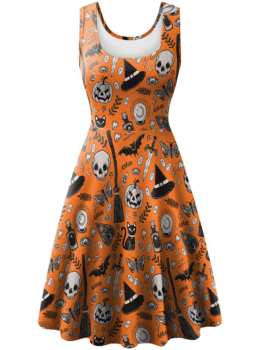 Sleeveless Vest Pumpkin Skull Digital Printed Dress for Women