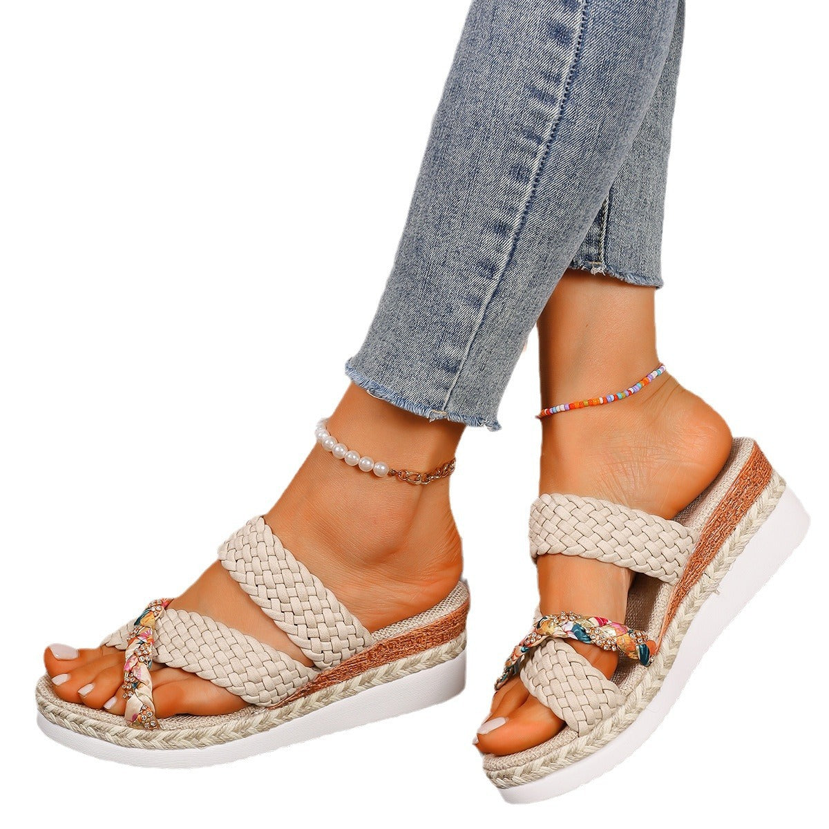 Thick Bottom Ladies Hemp Rope Woven Casual Slippers