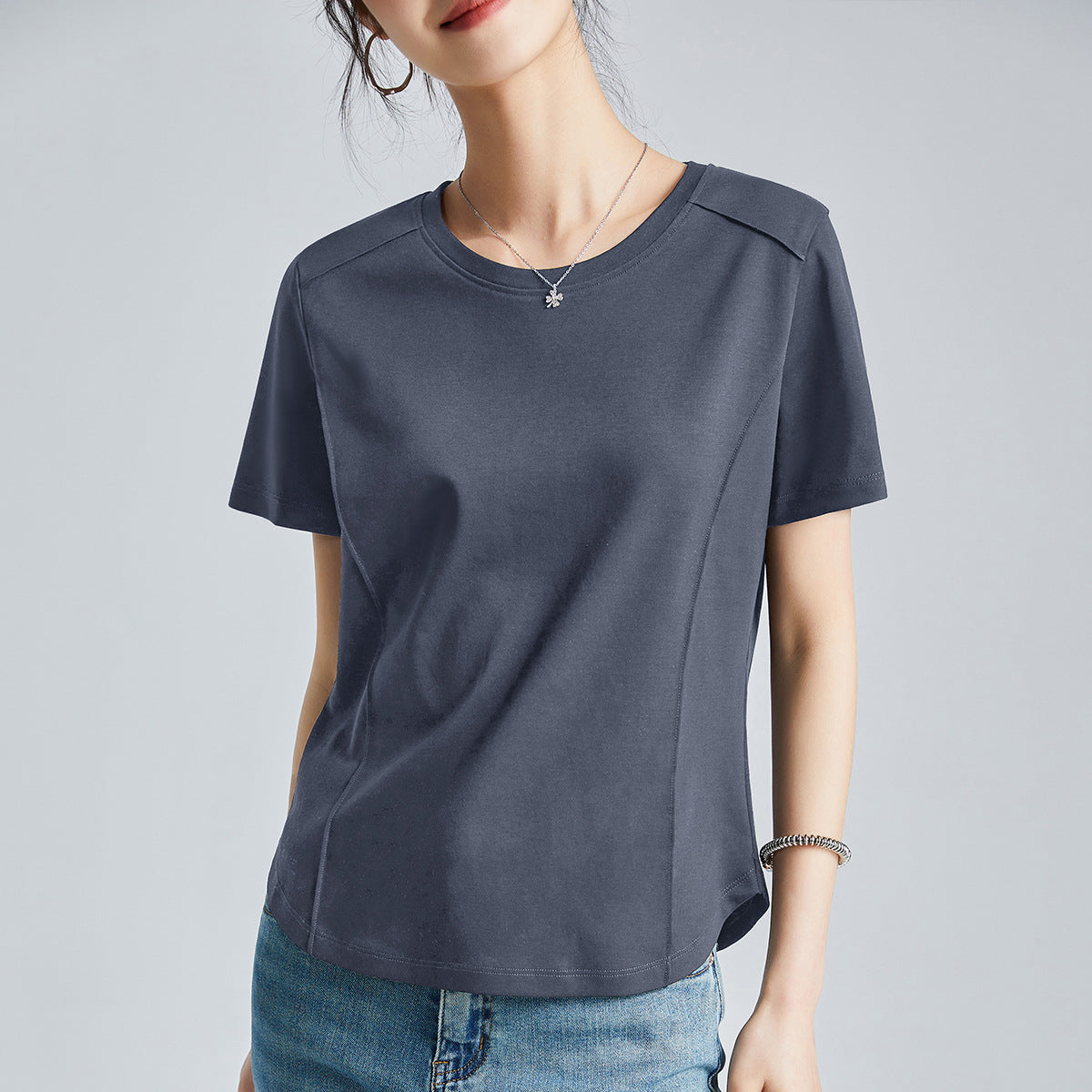 Mercerized Cotton Round Neck Shoulder T-Shirt