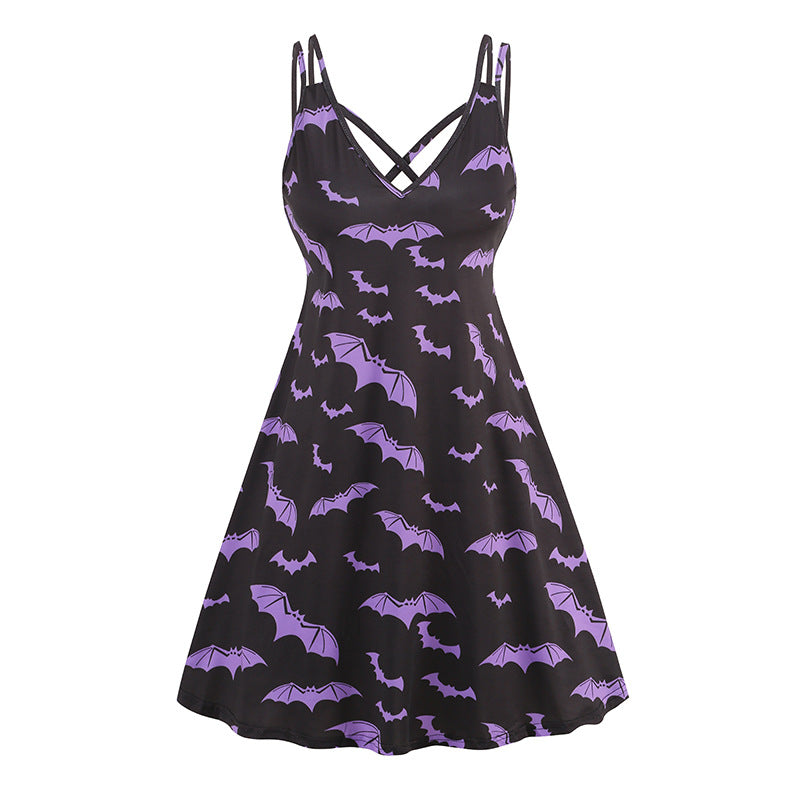 V-neck Strap Gothic Dress with Halloween Printed Pumpkin, Flowers, and Bats