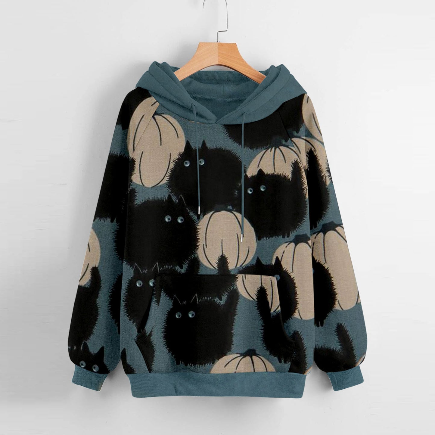 Long-Sleeved Hooded Sweater for Women with Halloween Pumpkin Print