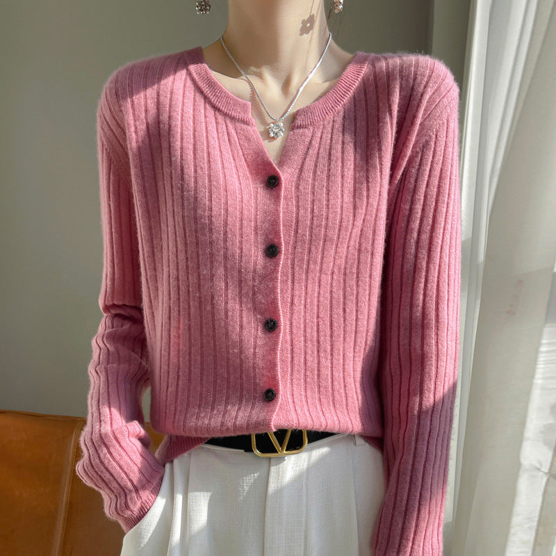 Round Neck Slim-Fit Short Striped Knitted Cardigan Jacket in Solid Color