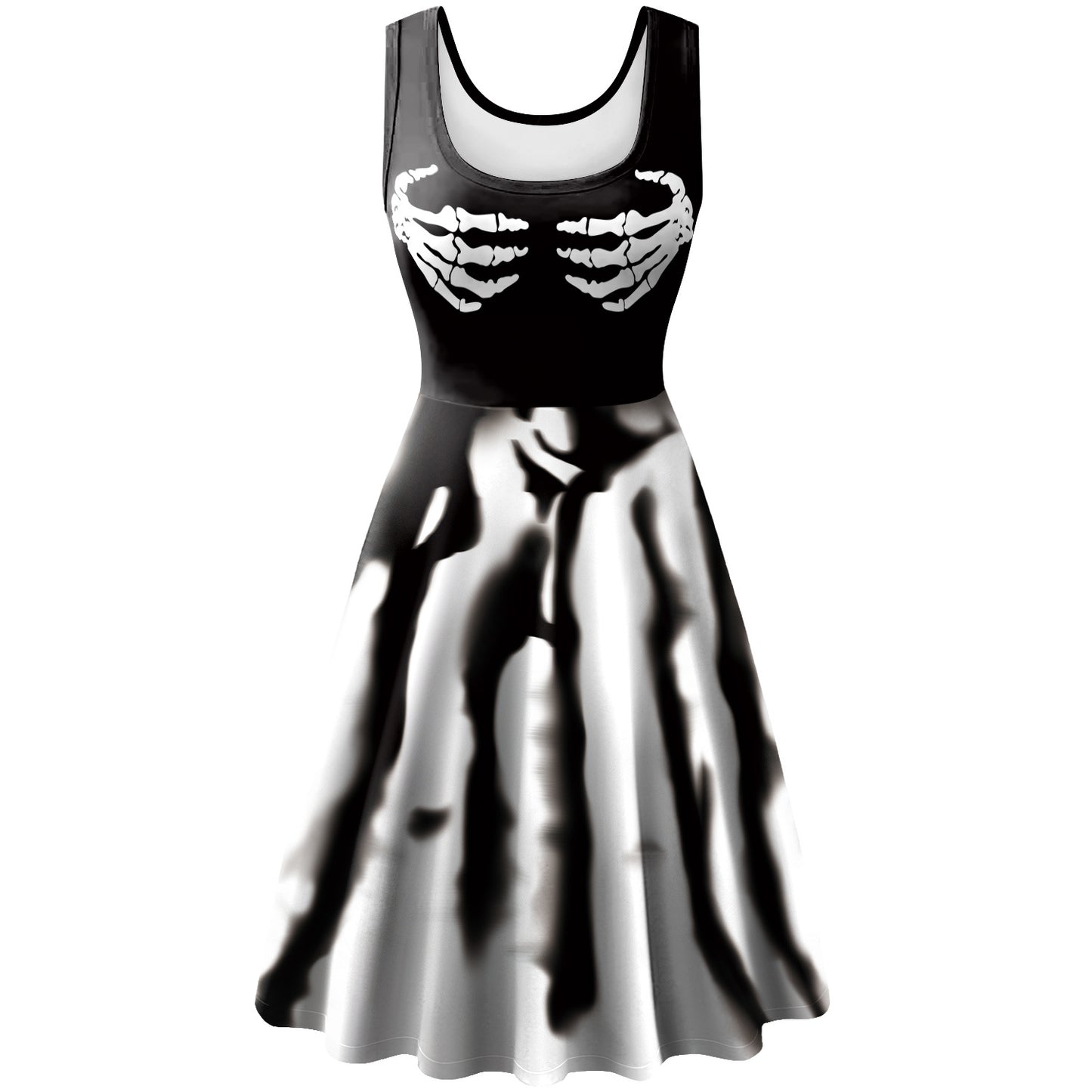 Women's Sleeveless Horror Bat Skeleton Digital Printed Dress