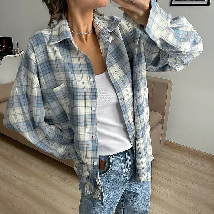 Women's Classic Long Sleeve Plaid Casual Loose Shirt with Lapel