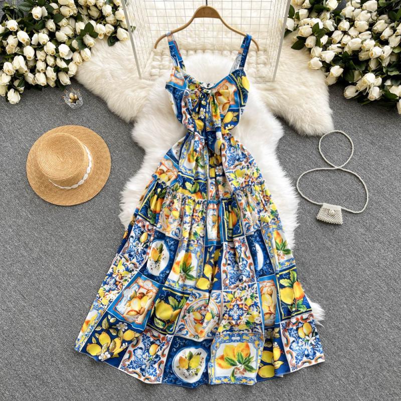 Retro Printed Sling Tube Top Dress