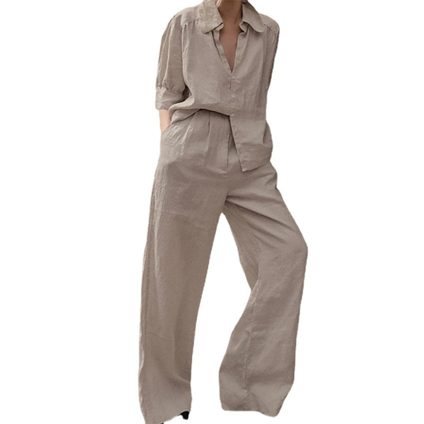 Two-Piece Set: Loose, Comfortable Shirt with Long Sleeves and Wide-Leg Pants