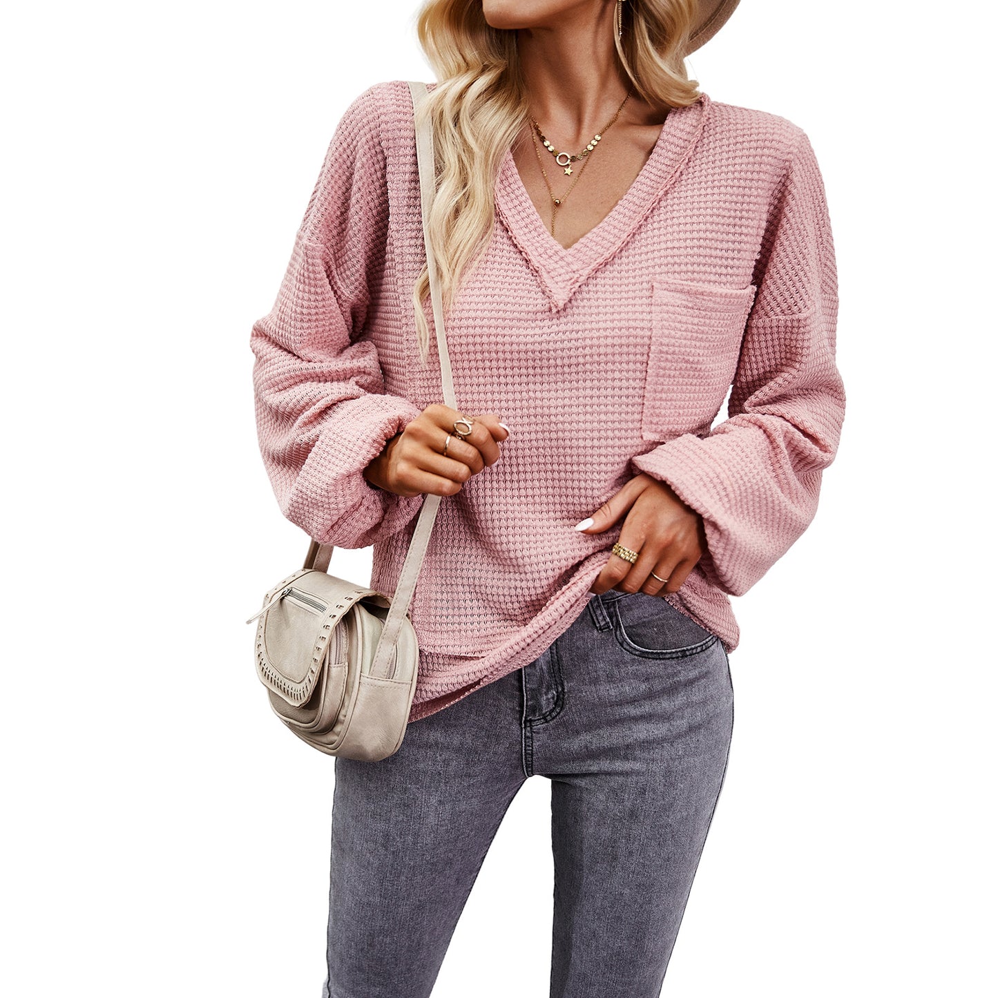 V-Neck Long-Sleeve Knitwear Top in Women's Solid Color Fashion