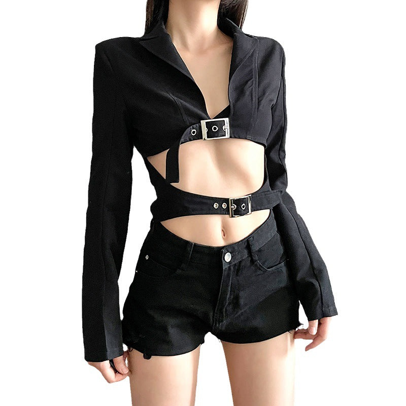 Lapel Slim Fit Midriff-baring Suit Jacket For Women