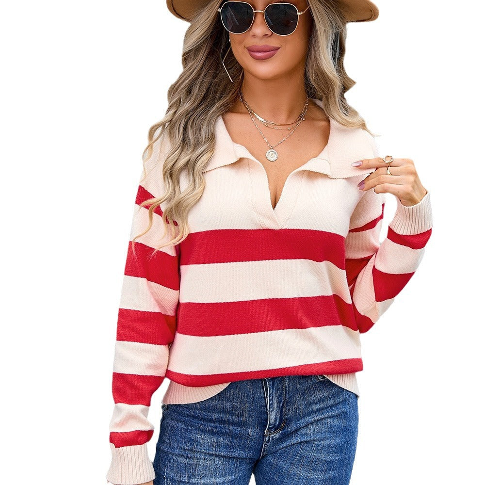 Women's Striped Sweater with Polo Collar Stitching