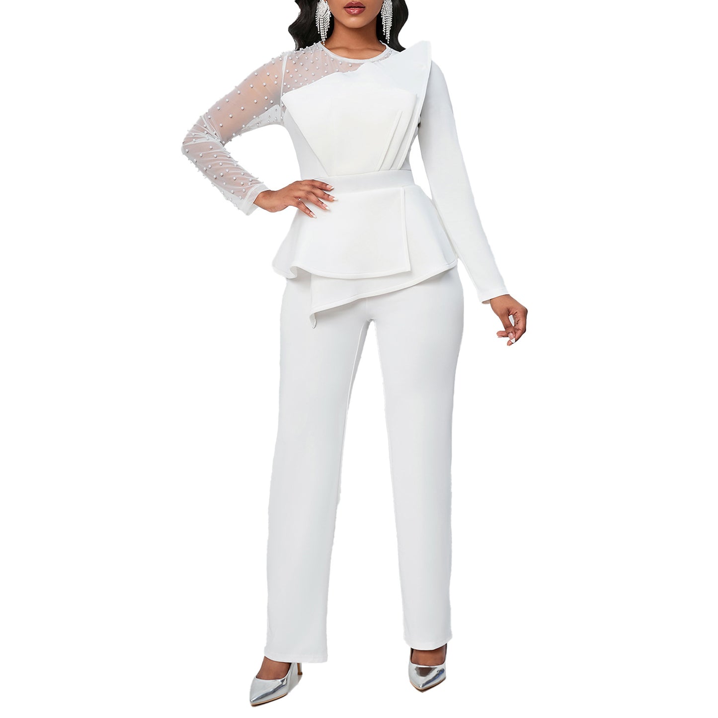 Long Sleeve Jumpsuit with Mesh Splicing and Bead Embellishments for Banquets