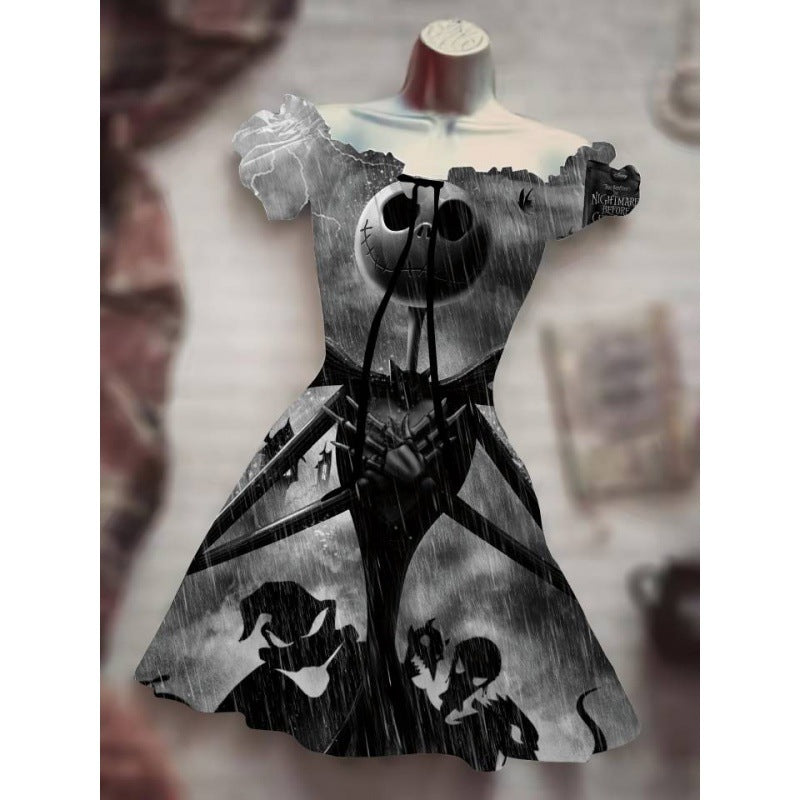 Halloween Drawstring Puff Sleeve High Waist Dress