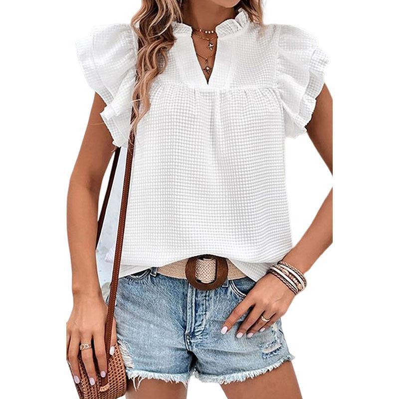 Women's Summer Fashion Solid Color V-neck Ruffled Pullover Top