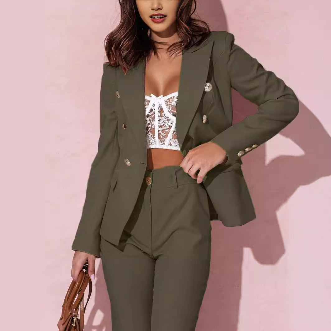 Women's Long-Sleeved Double-Breasted Suit with Stand-Up Collar
