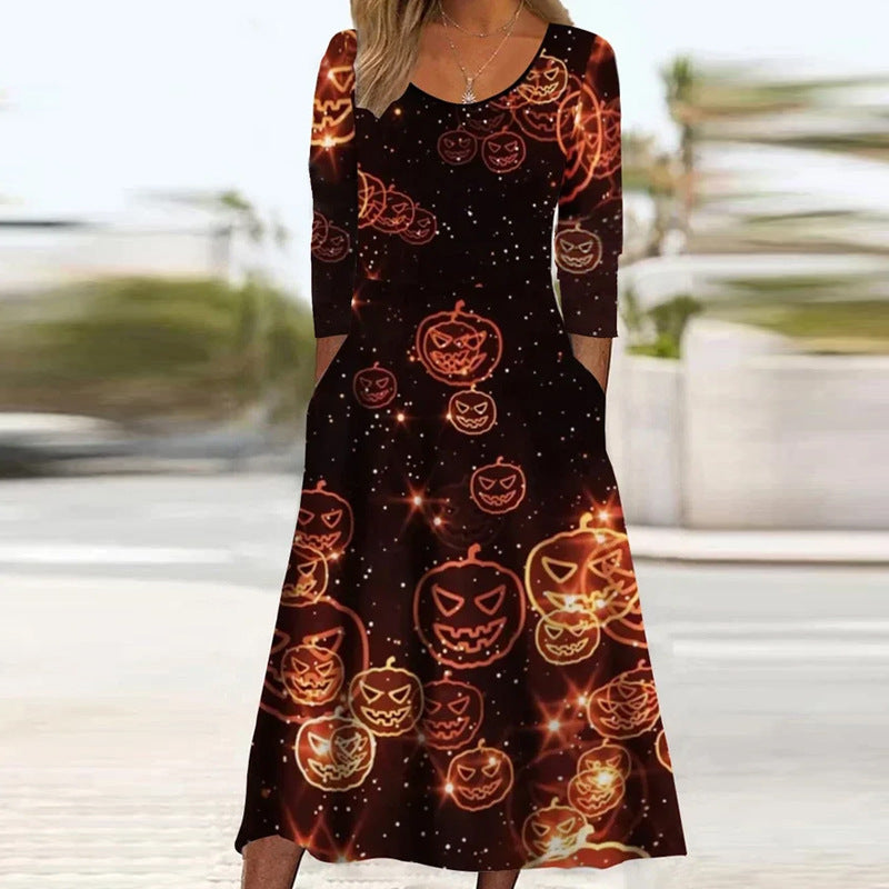 Women's Loose Long-Sleeved Dress with a Fashionable Print