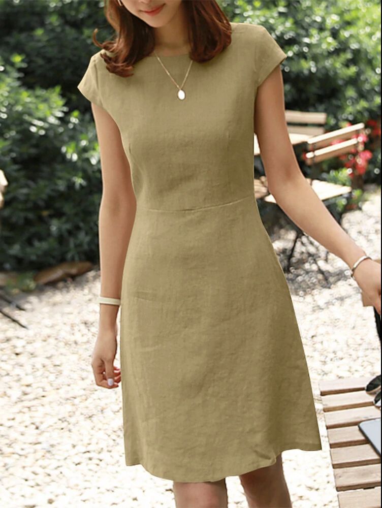 Back Large V Hollow Round Neck Solid Color Short Sleeve Cotton And Linen Dress