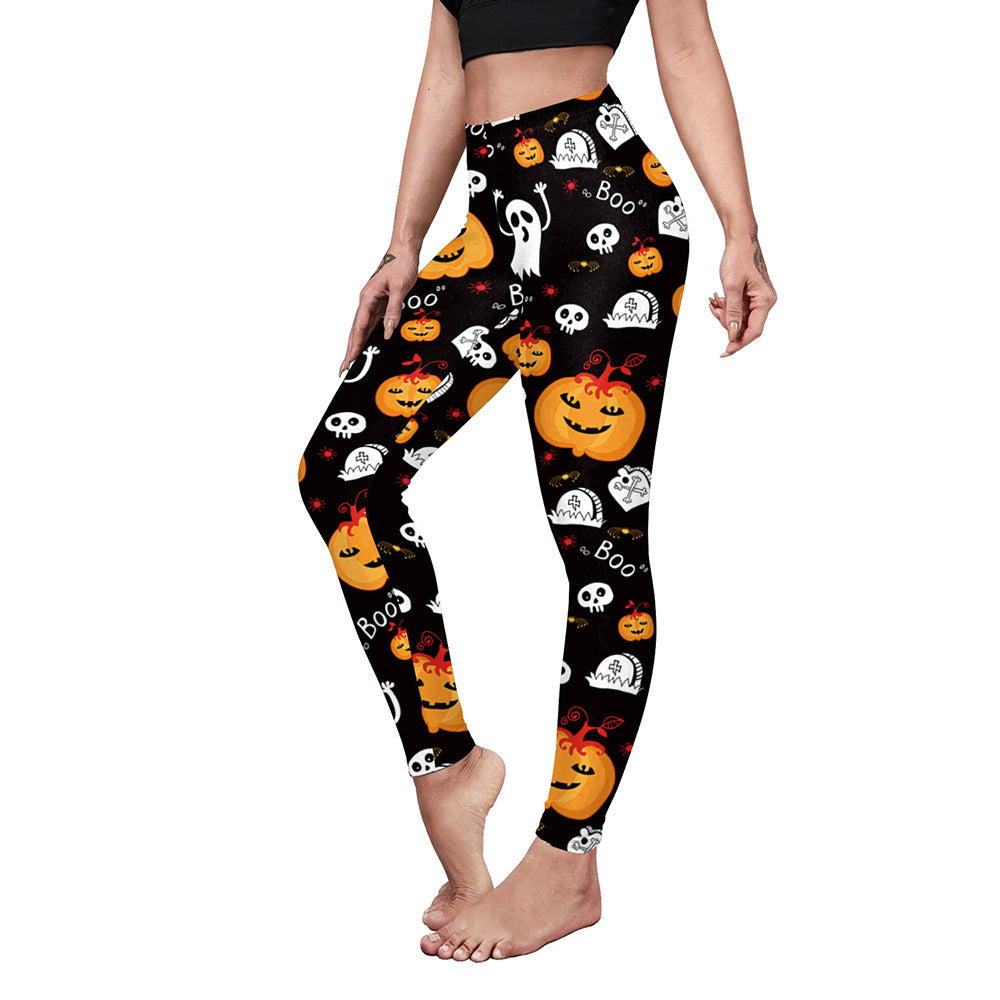 Trendy Women's Casual Yoga Pants with Slim Elastic Fit and Pumpkin Spider