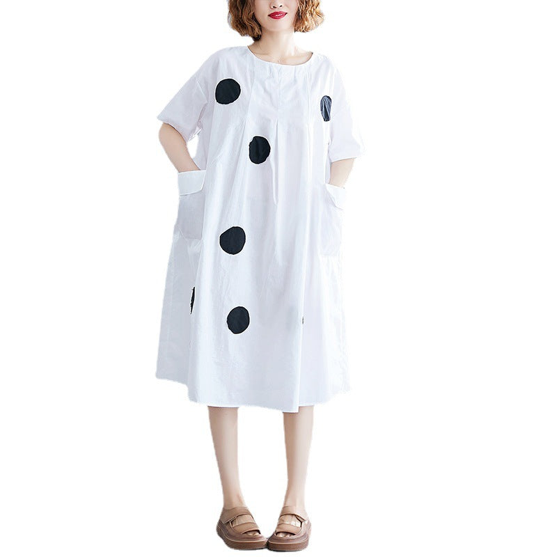 Korean-Style Polka Dot Print Midi Dress for Plus-Size Women