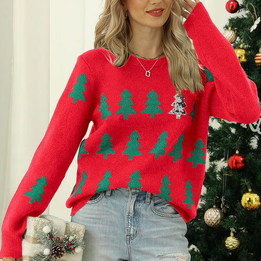 Red Christmas Sweater for Women with Jacquard Christmas Tree Design and Long Sleeves
