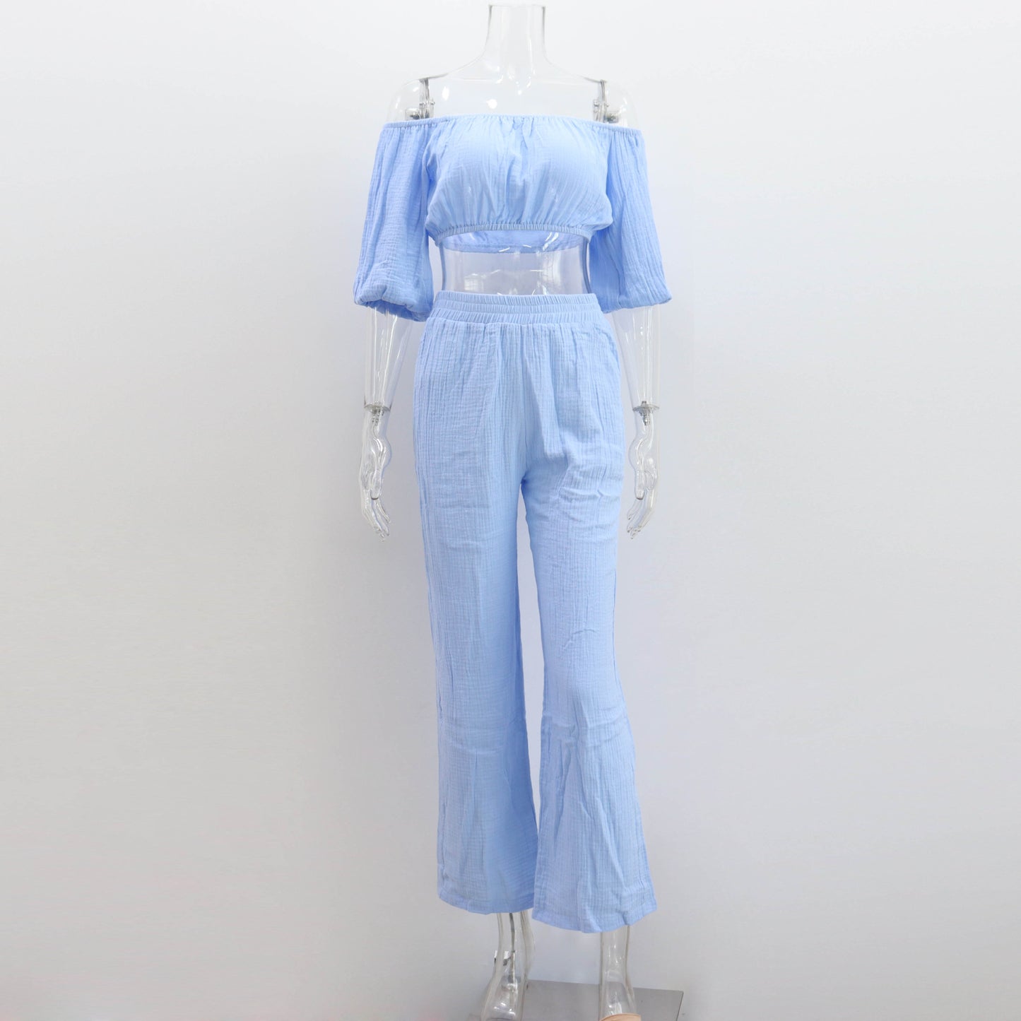 Casual Summer Suit for Women: Off-Shoulder Solid Color Top with Wide-Leg Pants in Pure Cotton