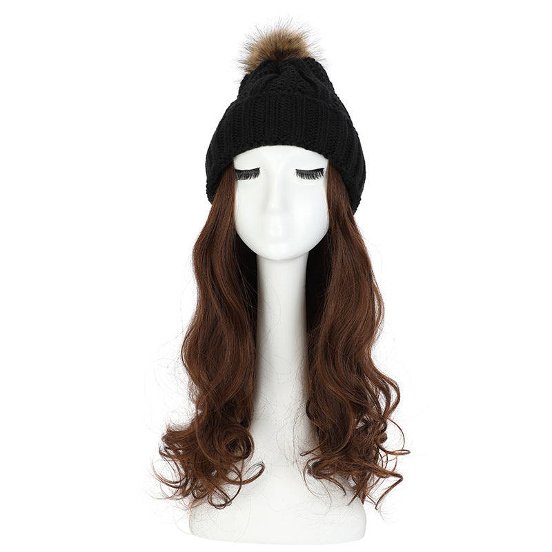 Women's Hat Wig Detachable Woolen Cap