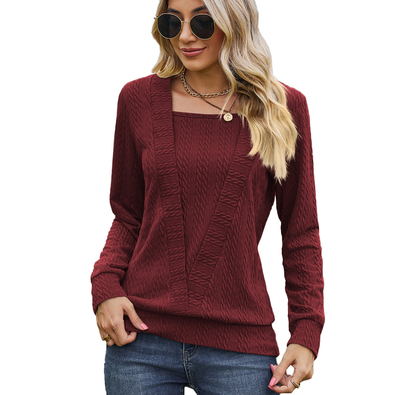 Women's Square Collar Cross Loose Long-sleeved T-shirt To