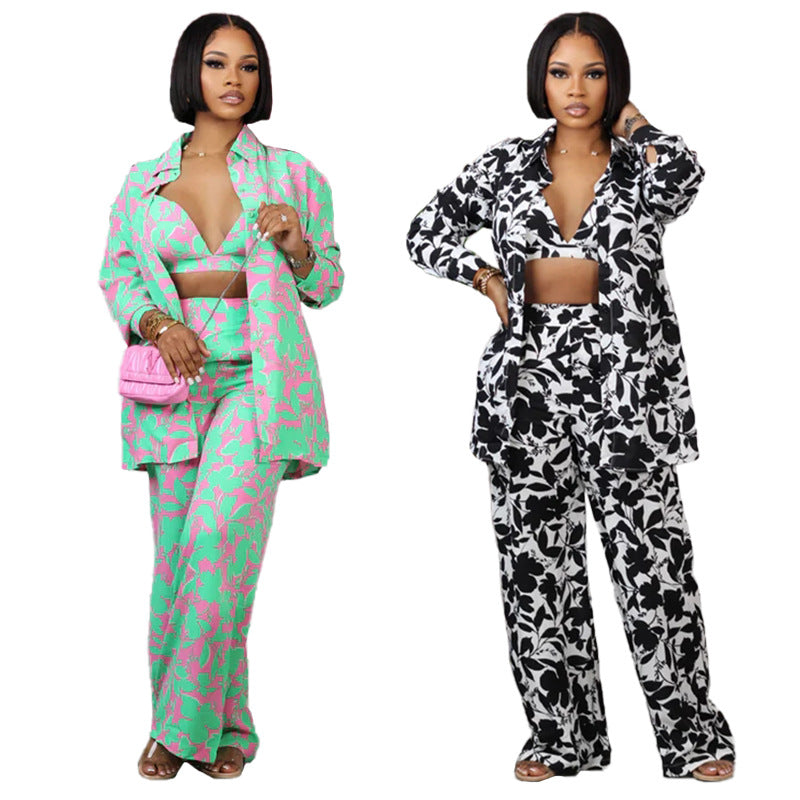 Three-Piece Printed Suit Set for Women, featuring Trousers