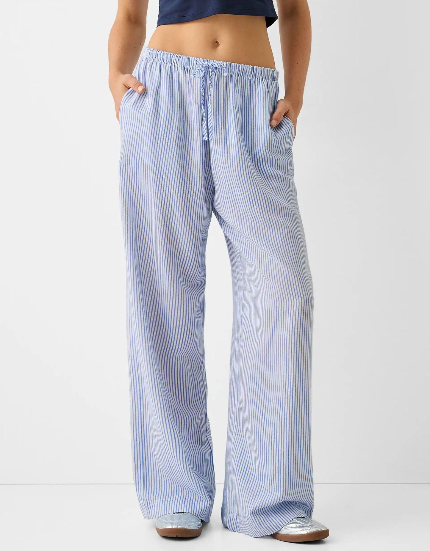 Comfortable Pinstripe Casual Loose Trousers with Elastic Waist for Women